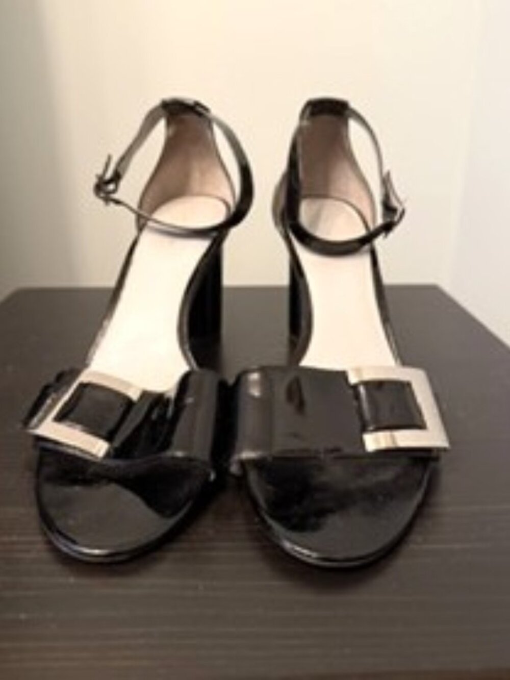 Calvin Klein open-toe heels with silver buckle and ankle strap